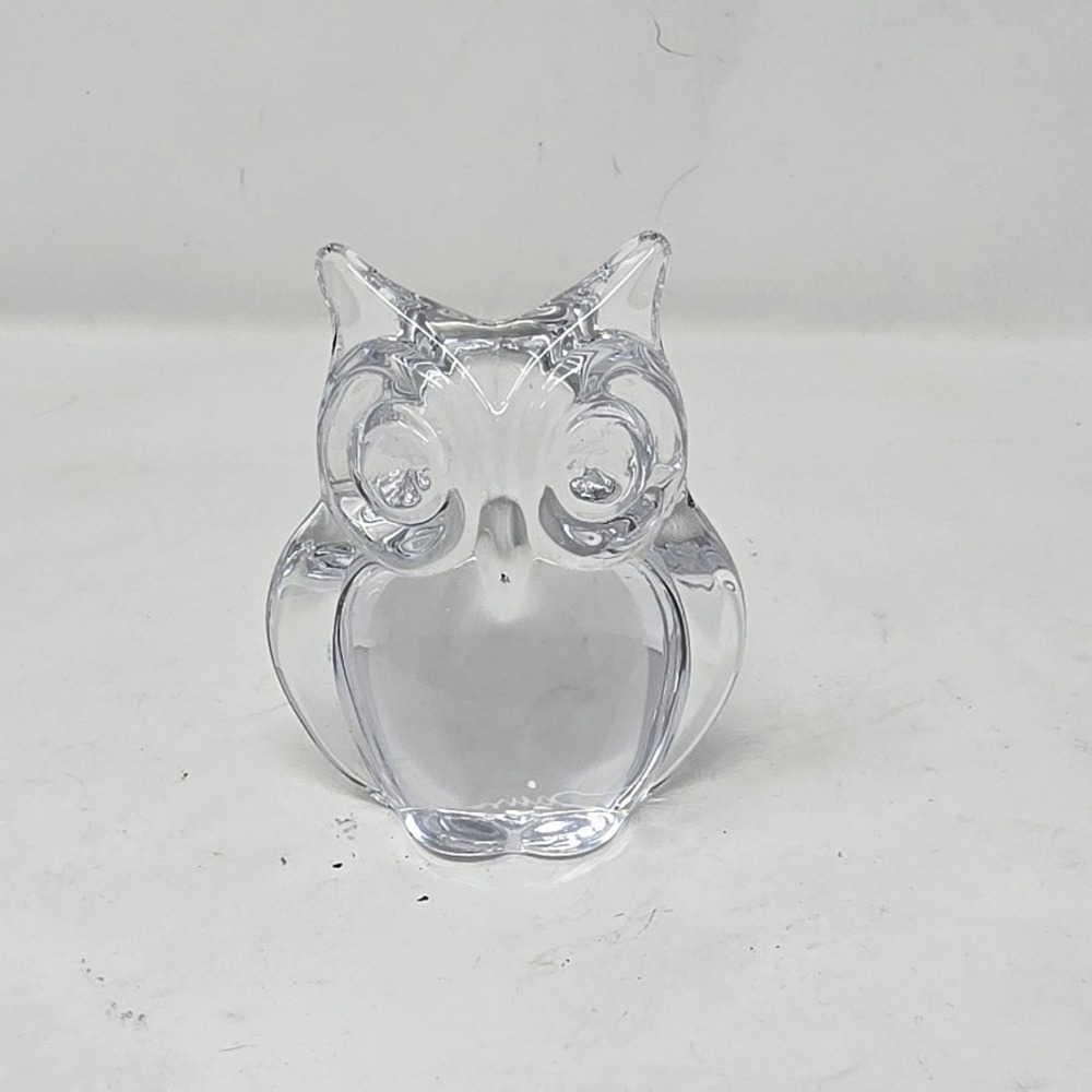 Vtg Daum France signed crystal owl head paperweight art glass figurine bird